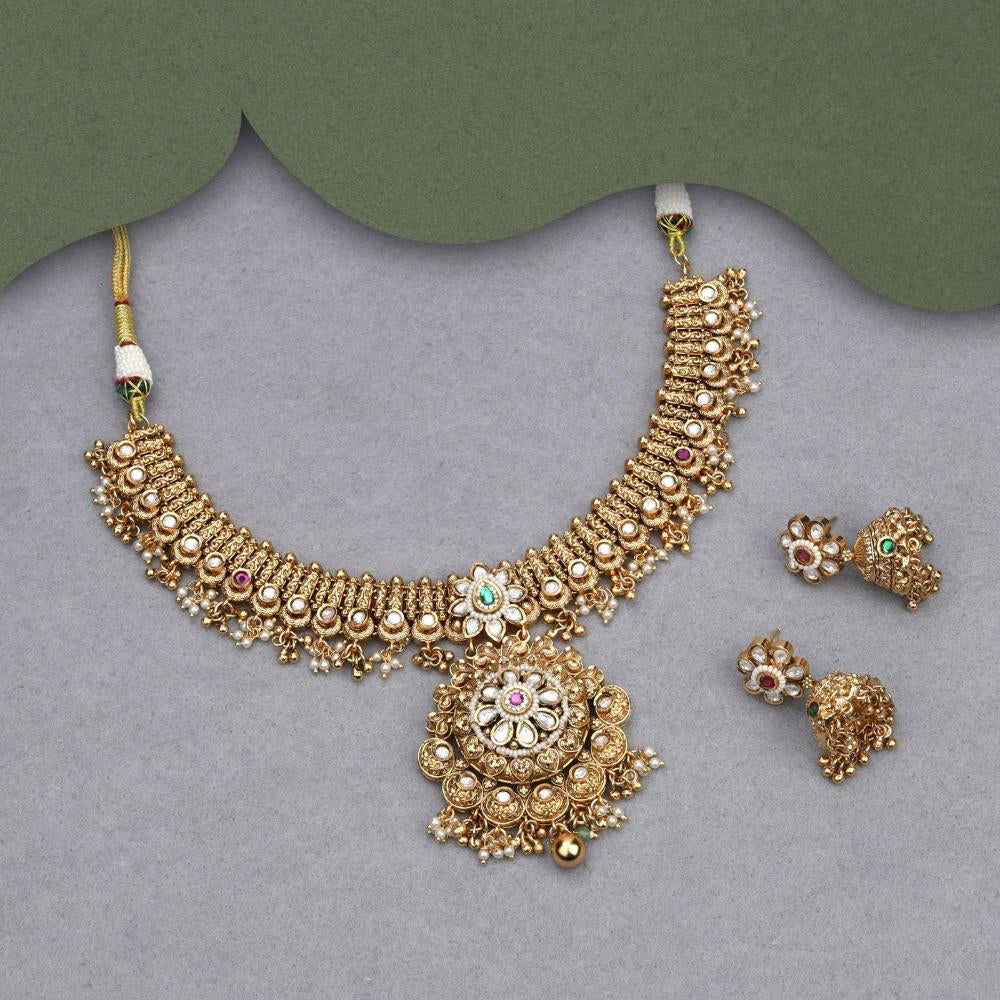 Kalpna Sales Surat Gold Plated Pota Stone And Meenakari Necklace Set