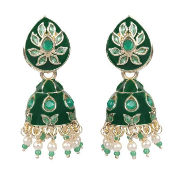 Indian Imitation Jewellery Gold Plated Crystal Stone And Meenakari Jhumki