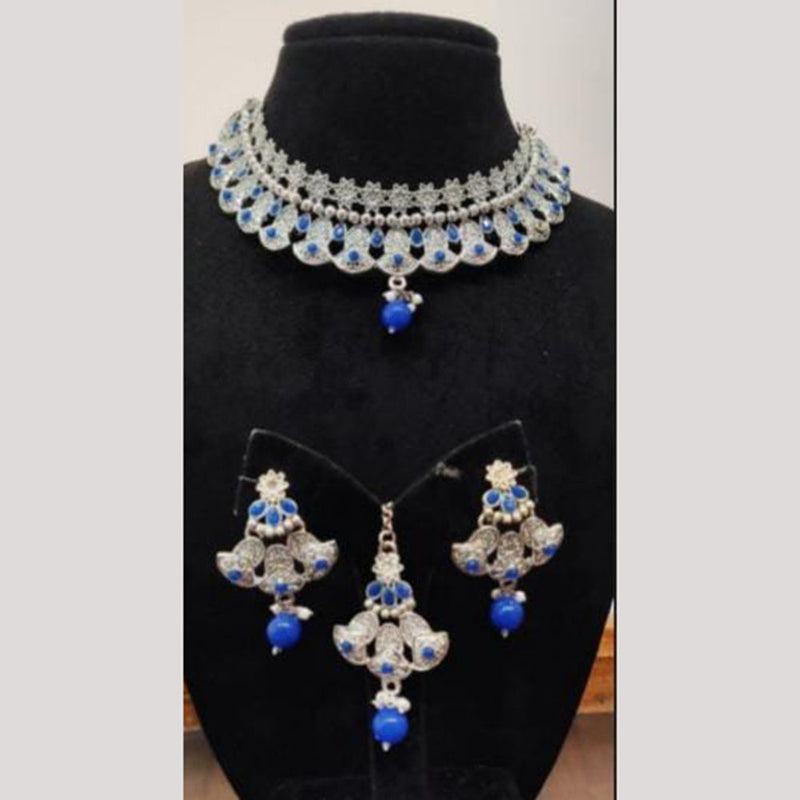 Indian Imitation Jewellery Silver Plated Crystal Stone And Pearls Necklace Set