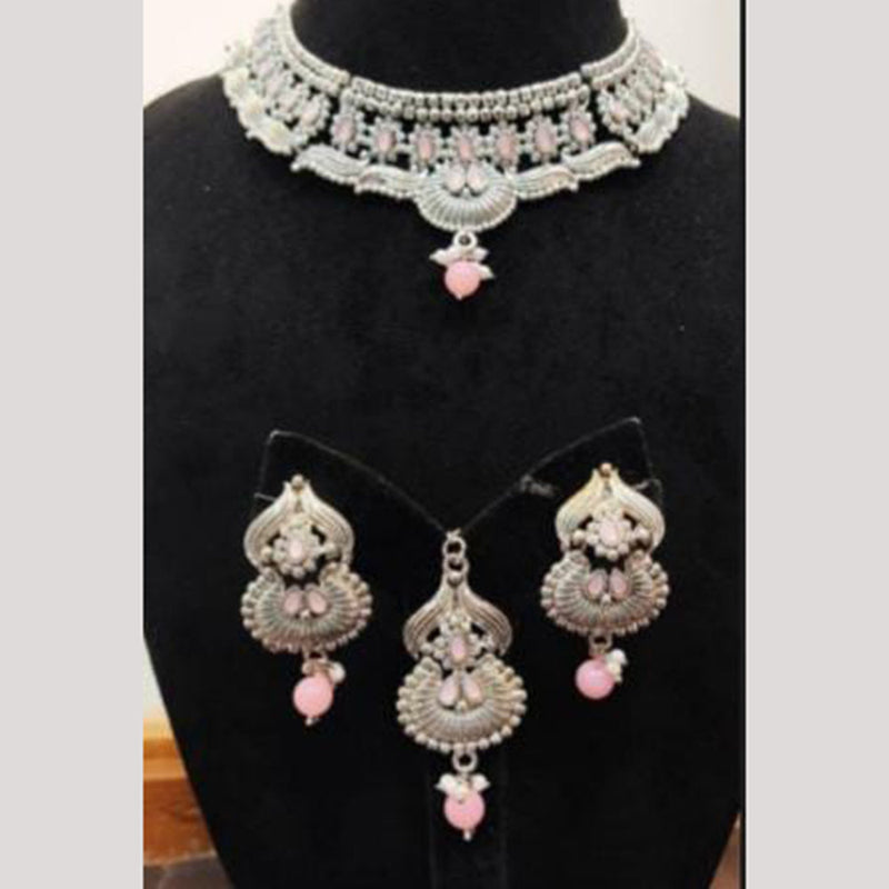 Indian Imitation Jewellery Silver Plated Crystal Stone And Pearls Necklace Set