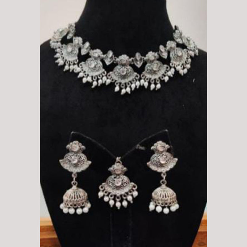 Indian Imitation Jewellery Oxidised Plated Pota Stone And Pearls Necklace Set