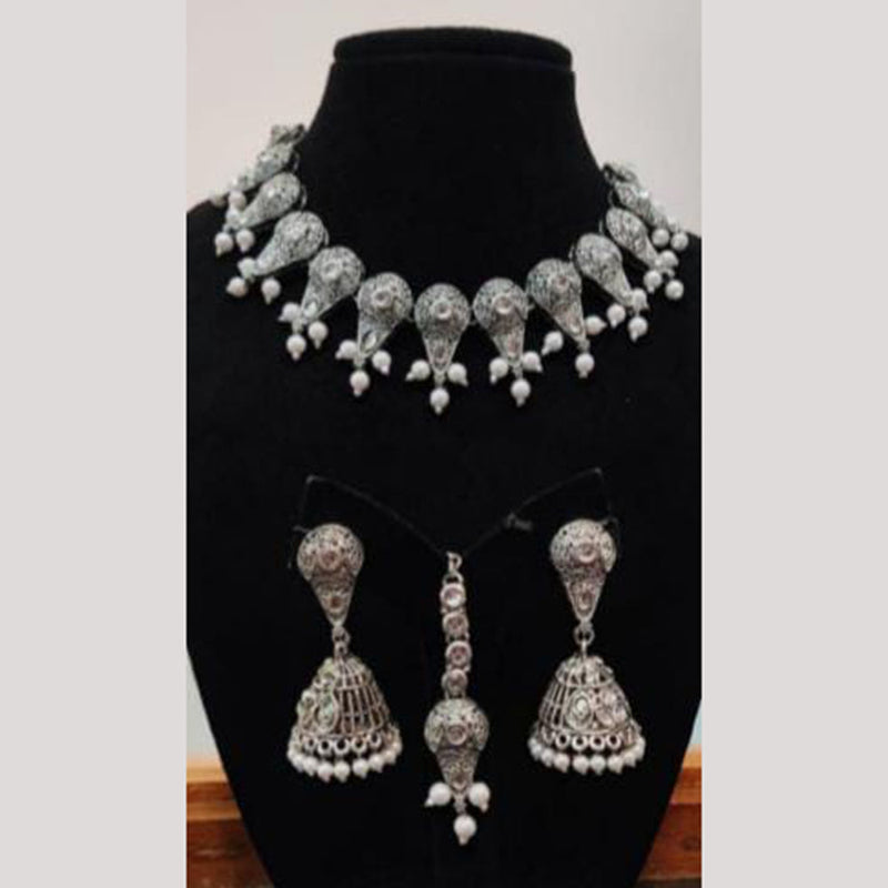 Indian Imitation Jewellery Oxidised Plated Pota Stone And Pearls Necklace Set