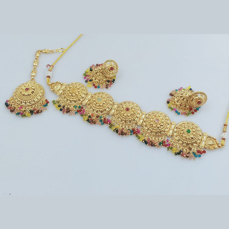 Rajwadi Collection Gold Plated Pota Stone Choker Necklace Set