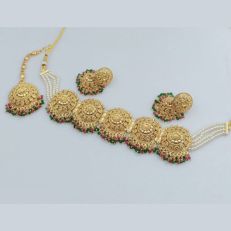 Rajwadi Collection Gold Plated Pota Stone And Pearl  Choker Necklace Set