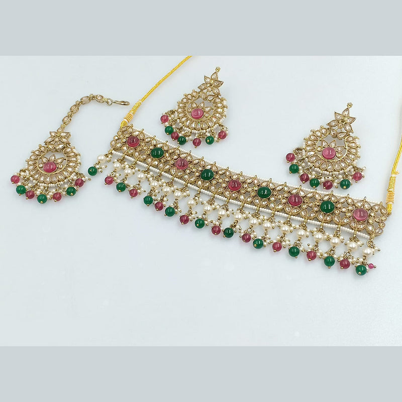 Rajwadi Collection Gold Plated Crystal Stone Pearl And Beads Choker Necklace Set