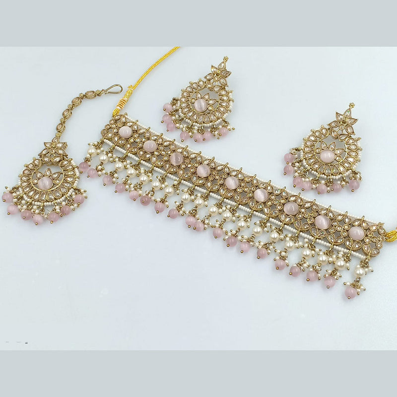 Rajwadi Collection Gold Plated Crystal Stone Pearl And Beads Choker Necklace Set