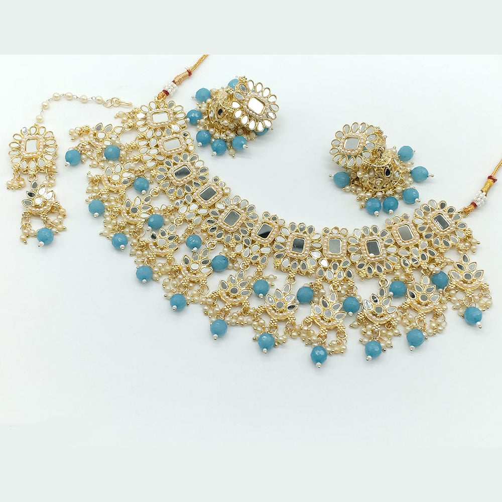 Rajwadi Collection Gold Plated Pearl Mirror And Beads  Choker Necklace Set