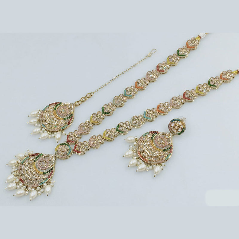 Rajwadi Collection Gold Plated Crystal Stone And Pearl  Long Necklace Set