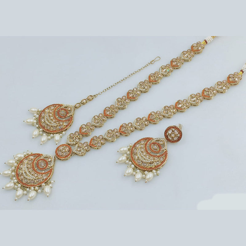 Rajwadi Collection Gold Plated Crystal Stone And Pearl  Long Necklace Set