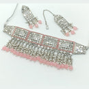 Rajwadi Collection Silver Plated Pearl Mirror And Beads  Choker Necklace Set