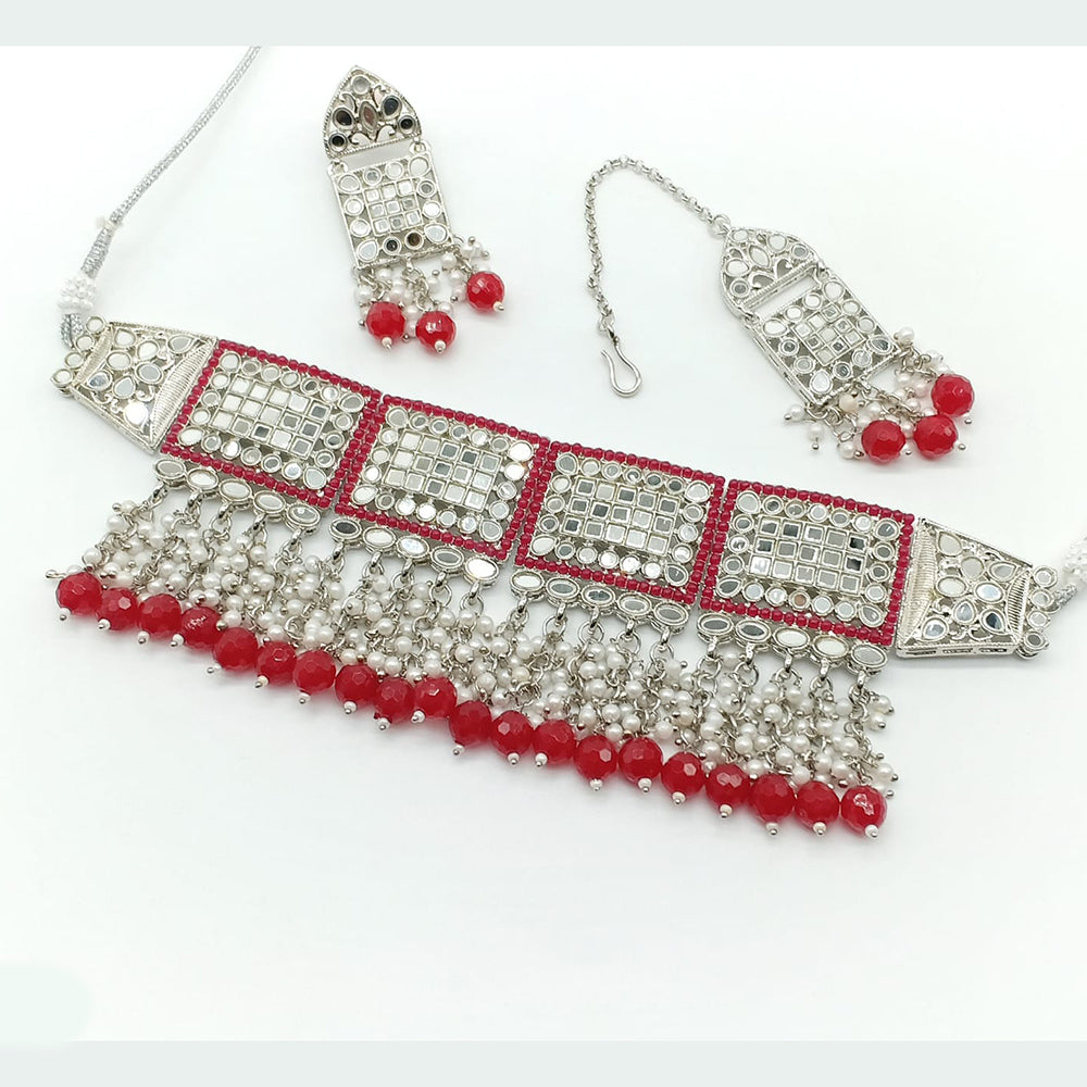 Rajwadi Collection Silver Plated Pearl Mirror And Beads  Choker Necklace Set