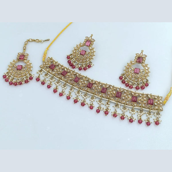 Rajwadi Collection Gold Plated Crystal Stone Pearl And Beads Choker Necklace Set