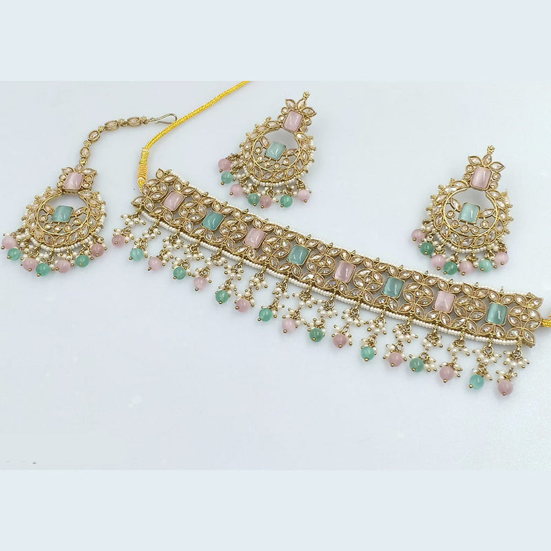 Rajwadi Collection Gold Plated Crystal Stone Pearl And Beads Choker Necklace Set