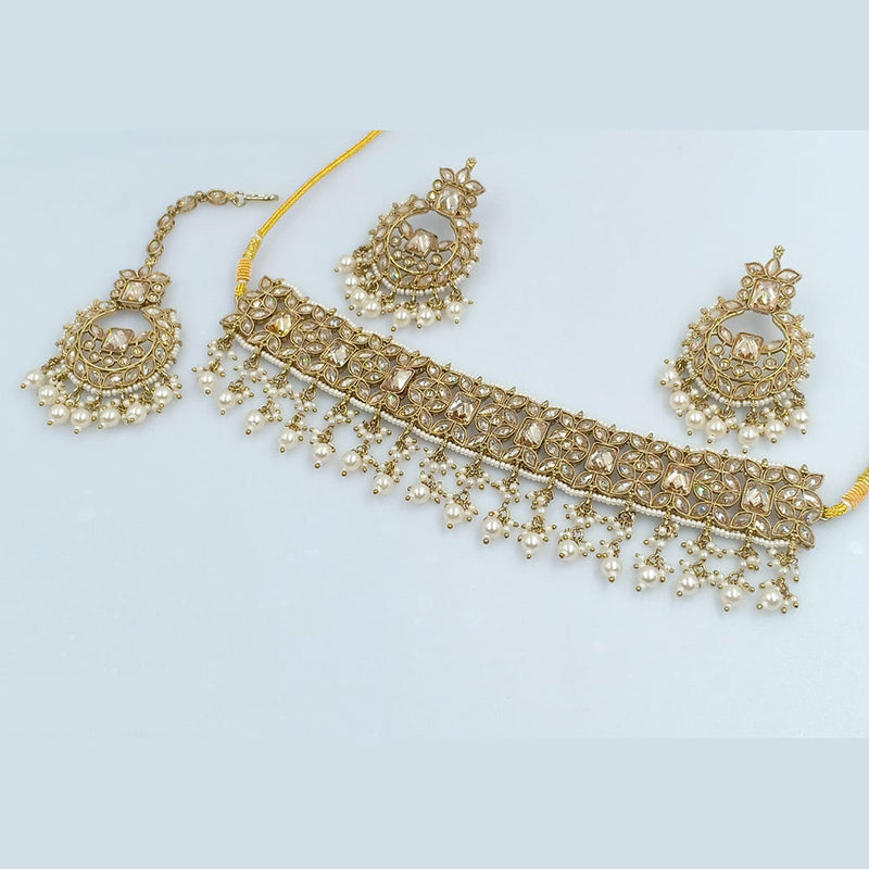 Rajwadi Collection Gold Plated Crystal Stone Pearl And Beads Choker Necklace Set