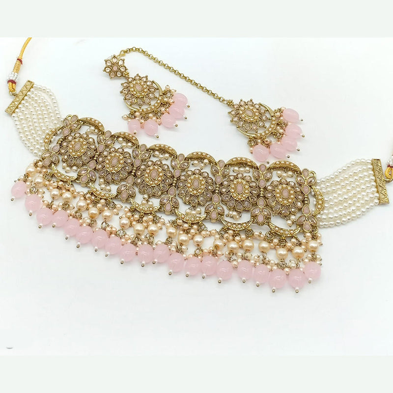 Rajwadi Collection Gold Plated Crystal Stone And Beads Choker Necklace Set