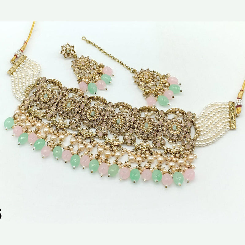 Rajwadi Collection Gold Plated Crystal Stone And Beads Choker Necklace Set