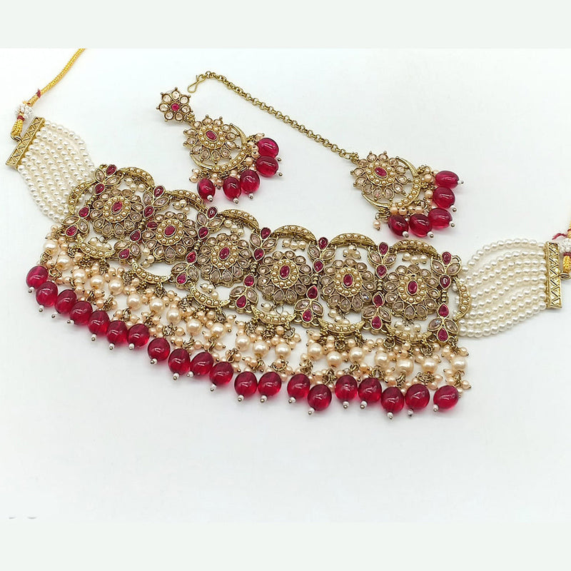 Rajwadi Collection Gold Plated Crystal Stone And Beads Choker Necklace Set