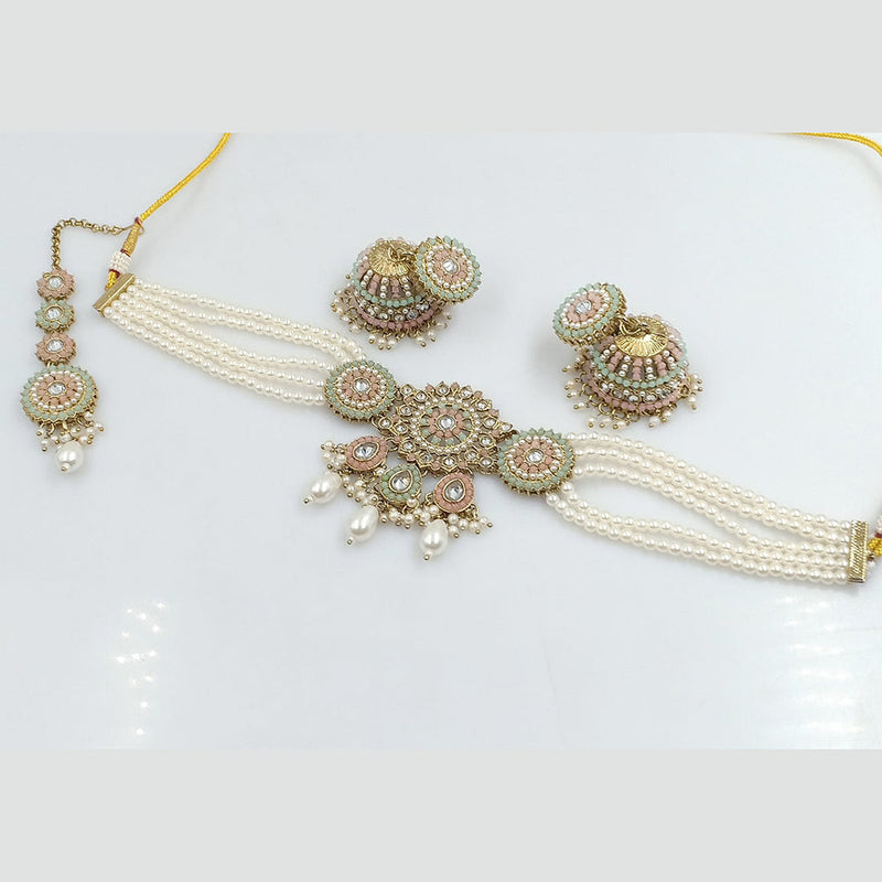 Rajwadi Collection Gold Plated Kundan Stone And Pearls Choker Necklace Set