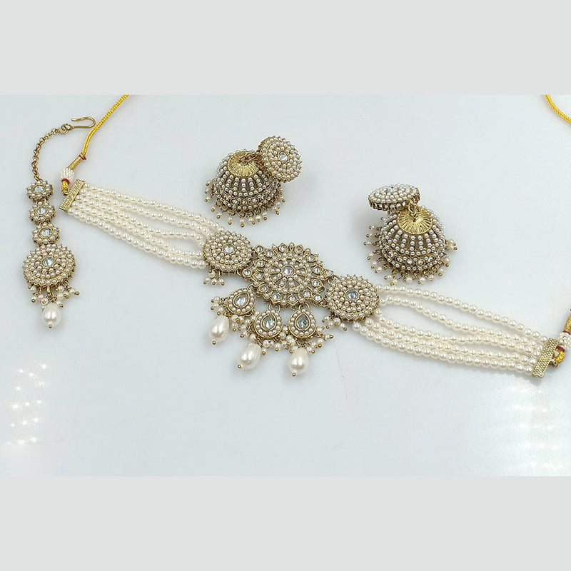 Rajwadi Collection Gold Plated Kundan Stone And Pearls Choker Necklace Set