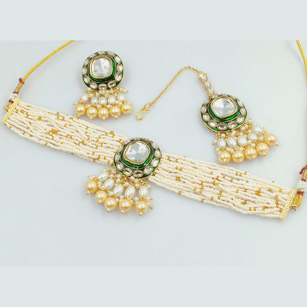 Rajwadi Collection Gold Plated Kundan Stone And Pearls Choker Necklace Set