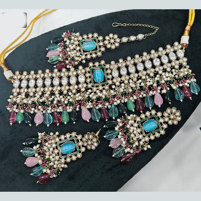 Rajwadi Collection Gold Plated Polki Kundan Stone And Pearls Choker Necklace Set