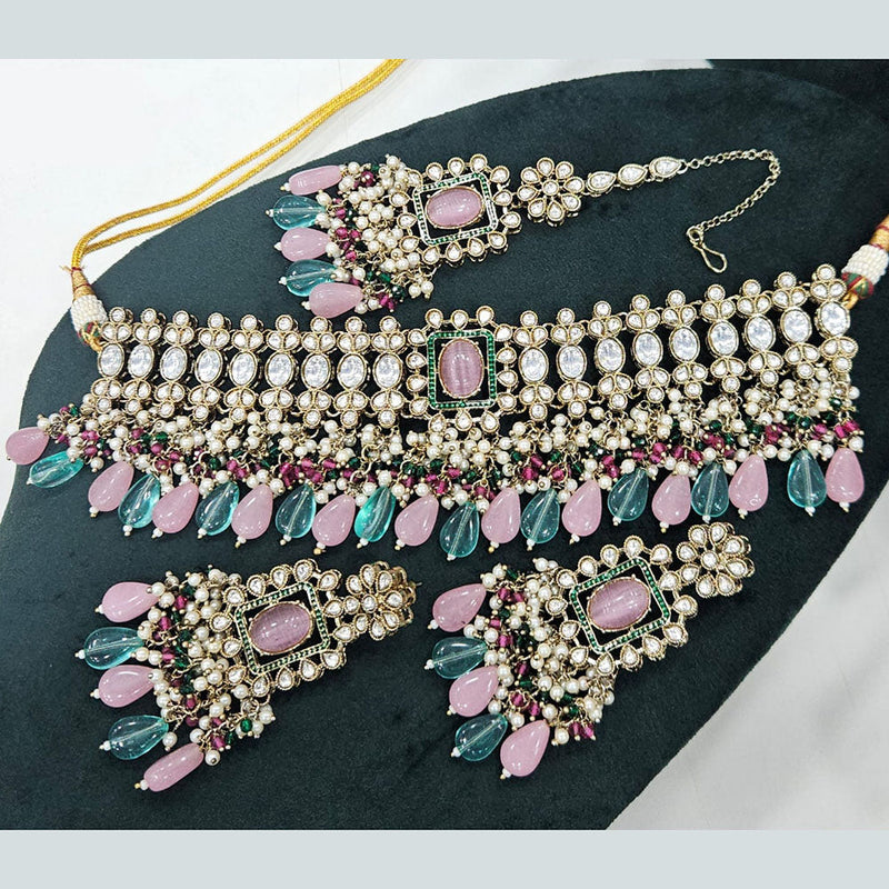 Rajwadi Collection Gold Plated Polki Kundan Stone And Pearls Choker Necklace Set