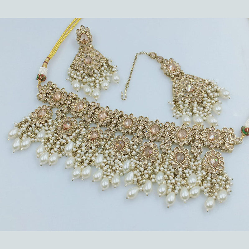 Rajwadi Collection Gold Plated Crystal Stone And Pearls Choker Necklace Set