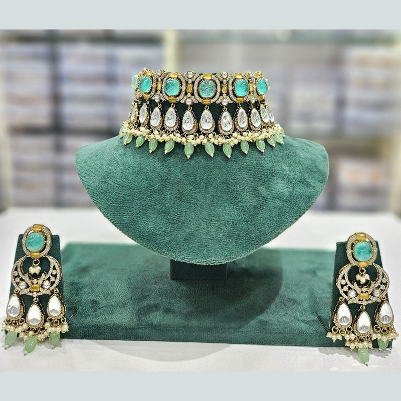 Rajwadi Collection Gold Plated Pota Stone And Pearls Choker Necklace Set