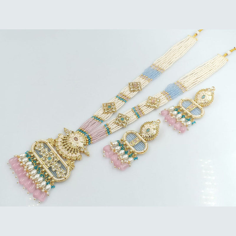 Rajwadi Collection Gold Plated Crystal Stone And Beads Meenakari Long Necklace Set