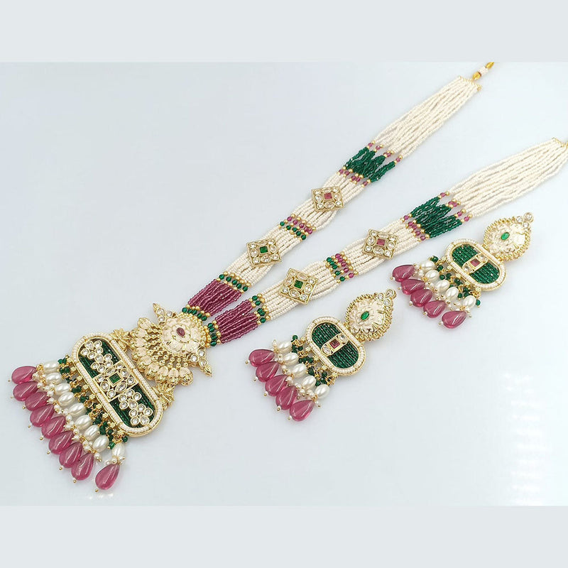 Rajwadi Collection Gold Plated Crystal Stone And Beads Meenakari Long Necklace Set