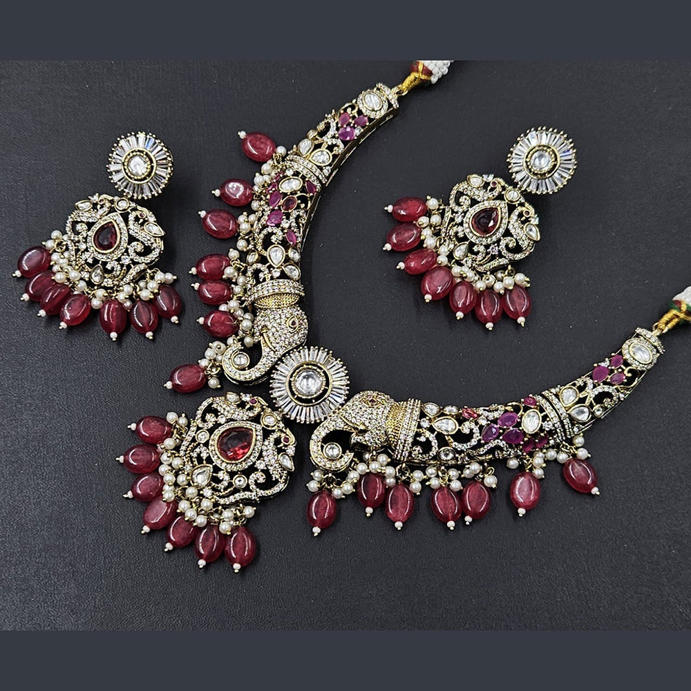 Rajwadi Collection Gold Plated American Diamond And Beads Necklace Set