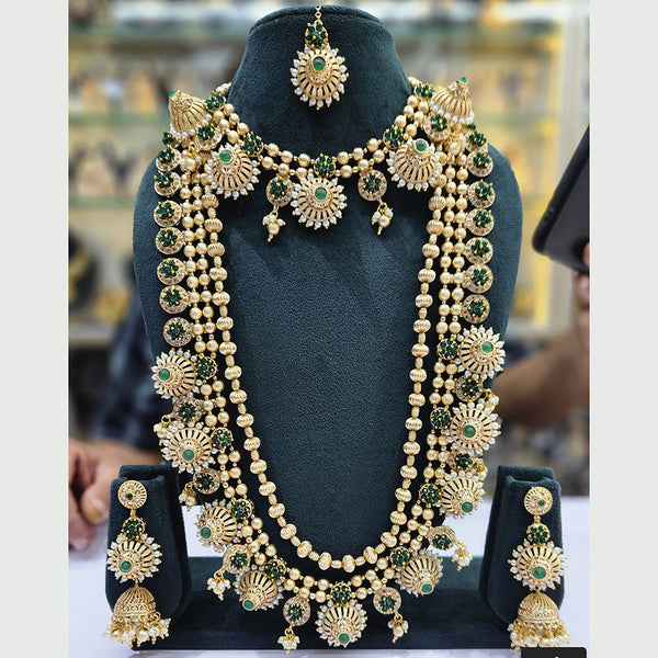 Rajwadi Collection Gold Plated Pota Stone And Pearls Double Necklace Set