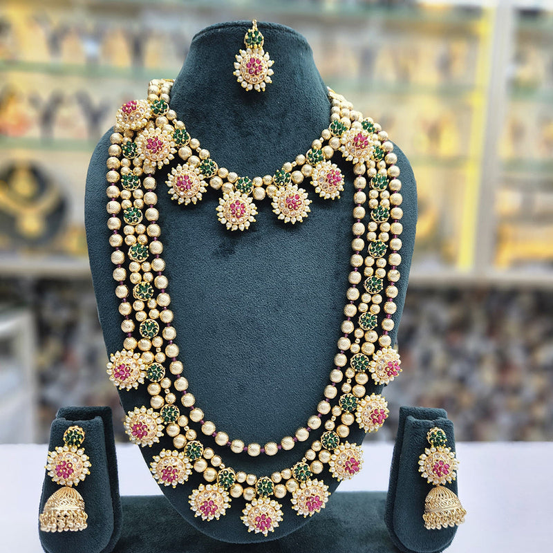 Rajwadi Collection Gold Plated Pota Stone And Pearls Double Necklace Set