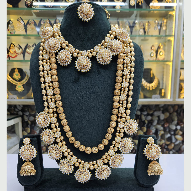 Rajwadi Collection Gold Plated Pota Stone And Pearls Double Necklace Set