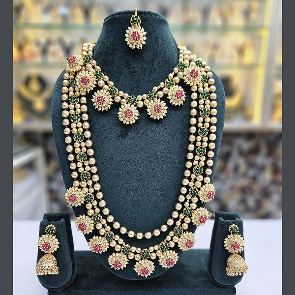 Rajwadi Collection Gold Plated Pota Stone And Pearls Double Necklace Set