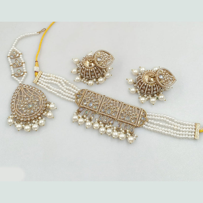 Rajwadi Collection Gold Plated Crystal Stone And Pearls Choker Necklace Set