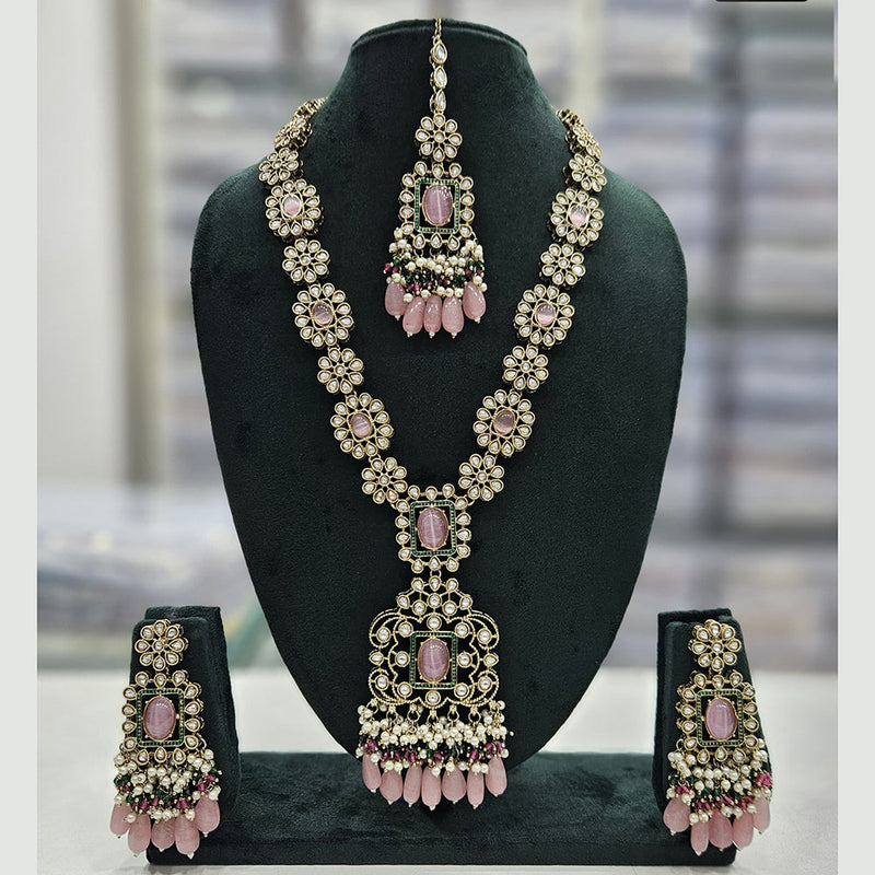 Rajwadi Collection Gold Plated Kundan Stone And Pearls Long Necklace Set