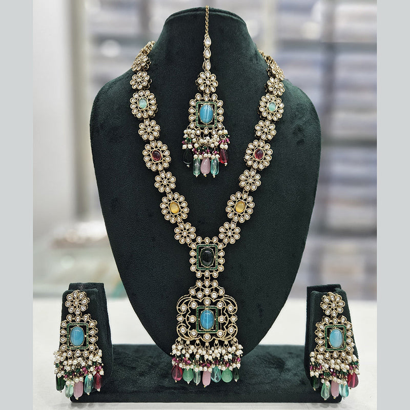 Rajwadi Collection Gold Plated Kundan Stone And Pearls Long Necklace Set