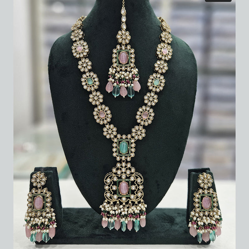 Rajwadi Collection Gold Plated Kundan Stone And Pearls Long Necklace Set