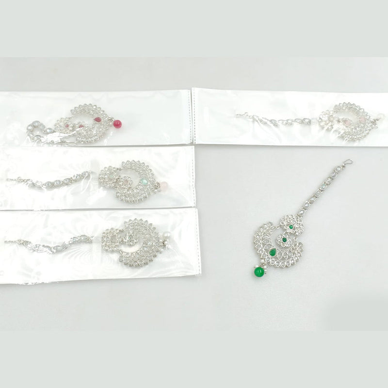 Rajwadi Collection Silver Plated Crystal Stone And Pearls Maangtikka