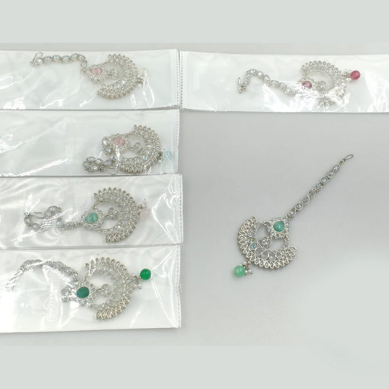 Rajwadi Collection Silver Plated Crystal Stone And Pearls Maangtikka