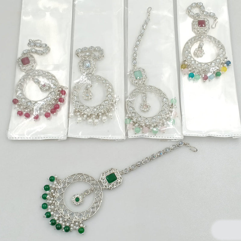 Rajwadi Collection Silver Plated Crystal Stone And Pearls Maangtikka