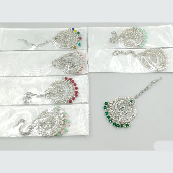 Rajwadi Collection Silver Plated Crystal Stone And Pearls Maangtikka