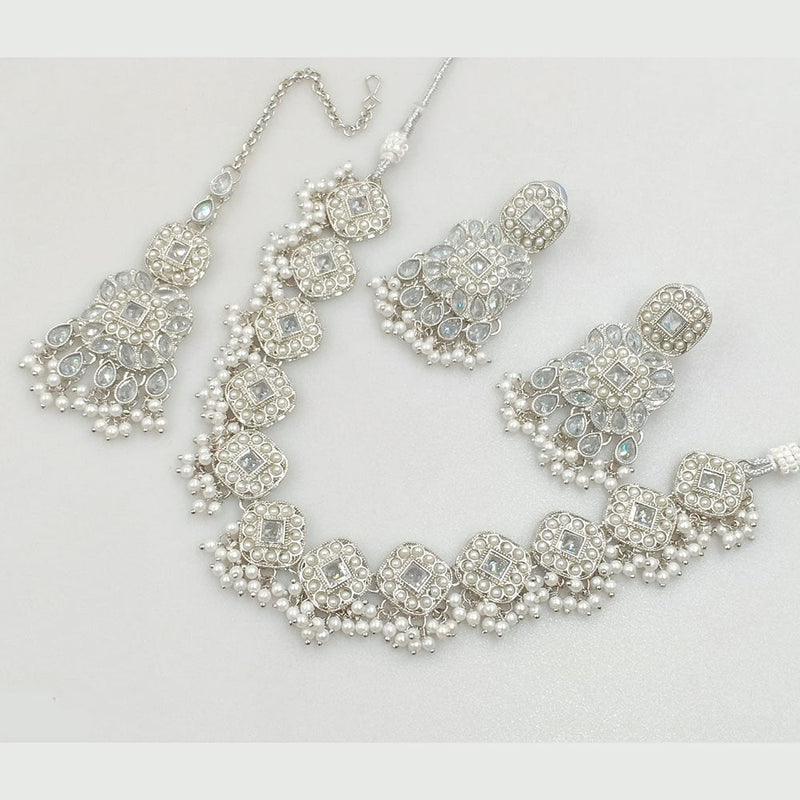 Rajwadi Collection Silver Plated Crystal Stone And Pearls Necklace Set