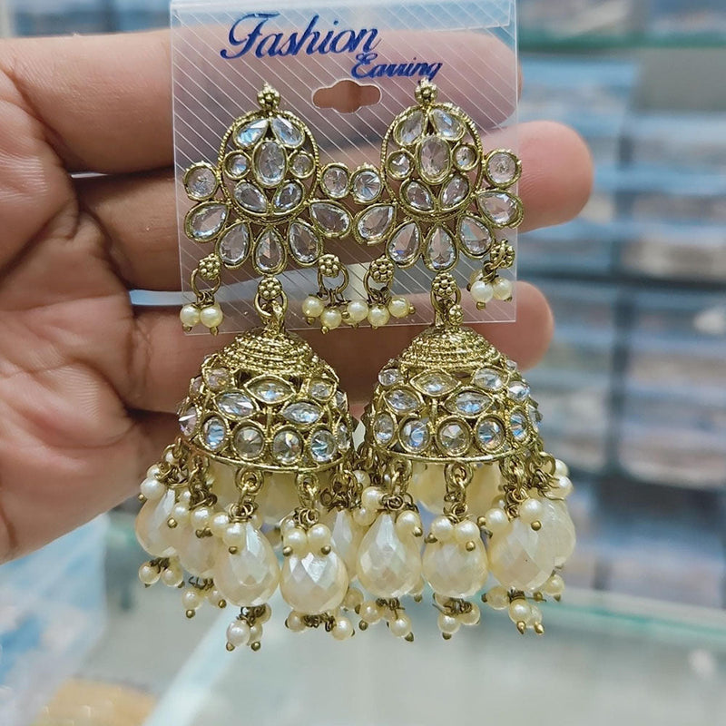 Rajwadi Collection Gold Pated Crystal Stone And Pearls Jhumki  Earrings