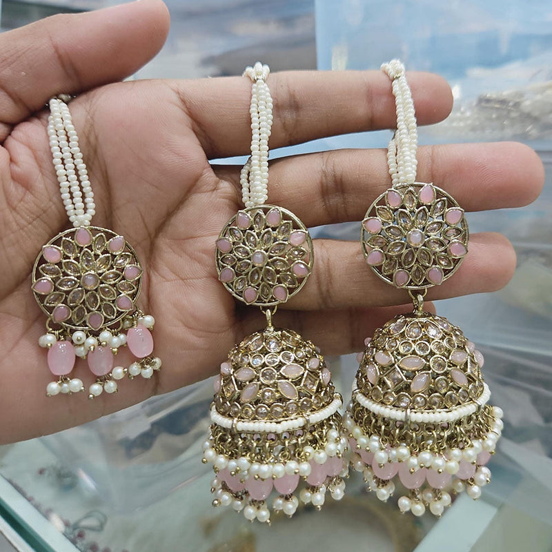 Rajwadi Collection Gold Pated Crystal Stone And Pearls Jhumki  Earrings With Maangtikka