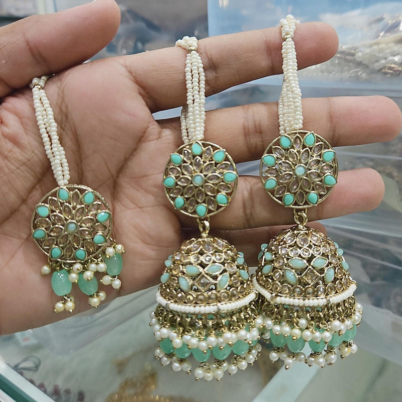 Rajwadi Collection Gold Pated Crystal Stone And Pearls Jhumki  Earrings With Maangtikka