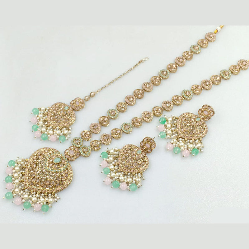 Rajwadi Collection Gold Plated Crystal Stone And Pearls Long Necklace Set