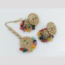 Rajwadi Collection Gold Pated Crystal Stone And Beads Jhumki Earrings With Maangtikka