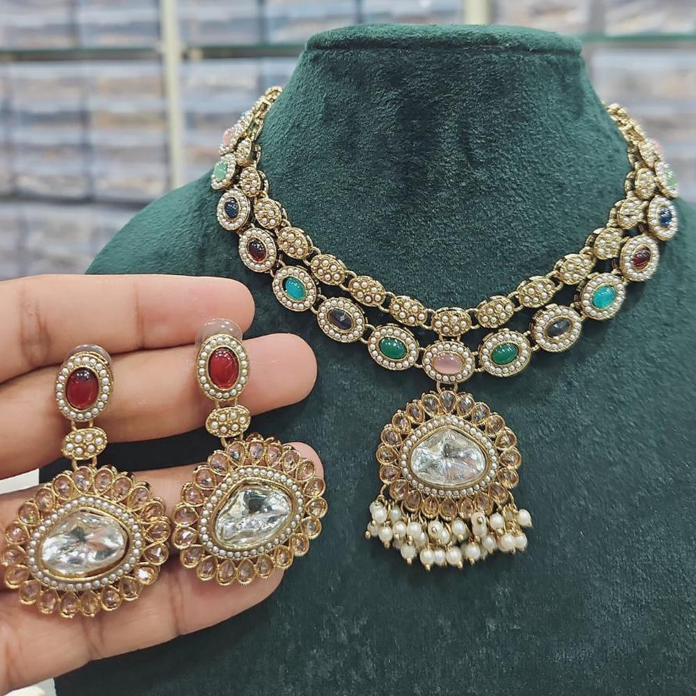 Rajwadi Collection Gold Plated Crystal Stone And Pearls Necklace Set